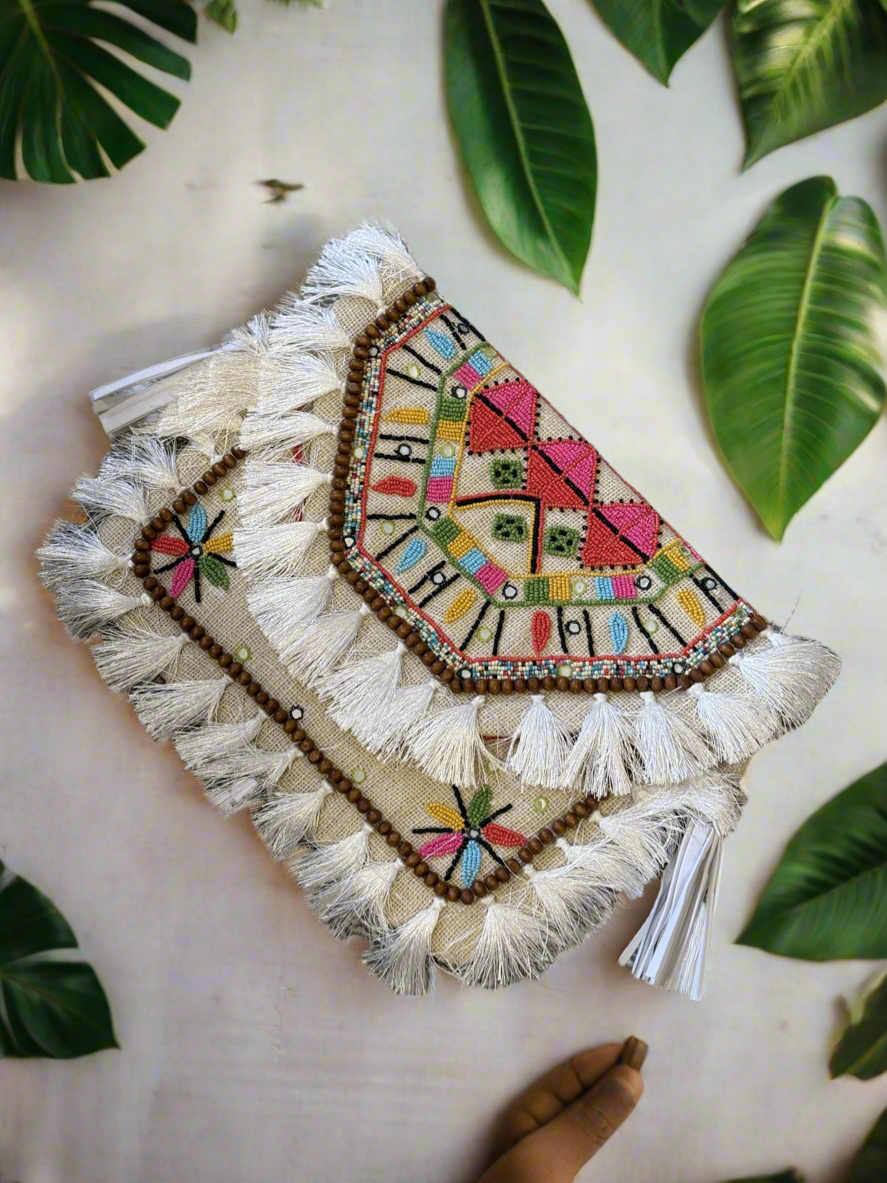 Boho Beaded Satchel in White