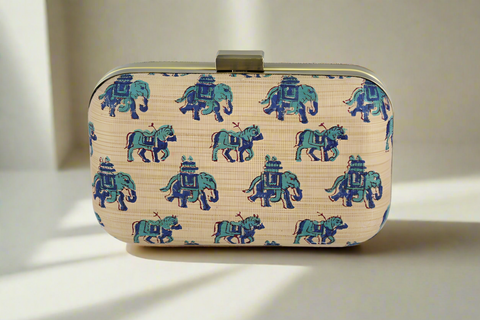 Hand Block Print: Horses and Elephants Blue